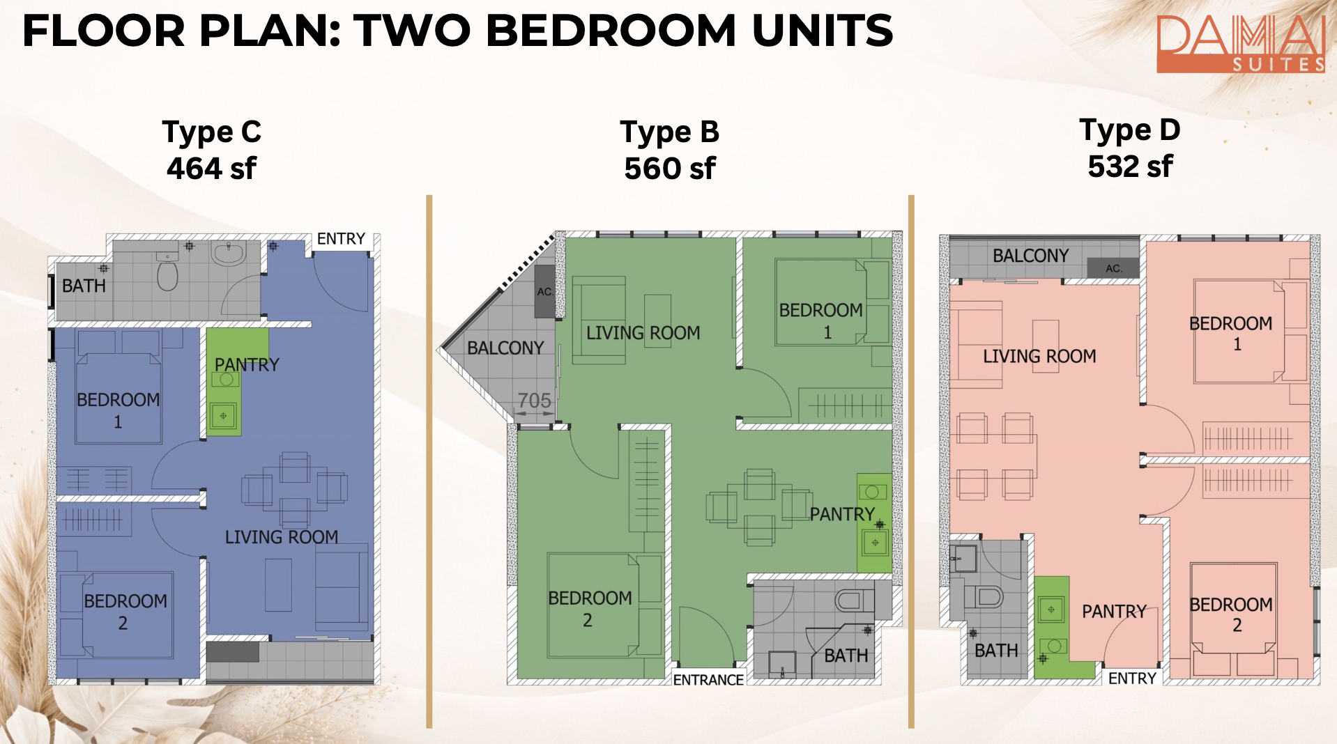 Floor plans for Damai Suites two-bedroom units