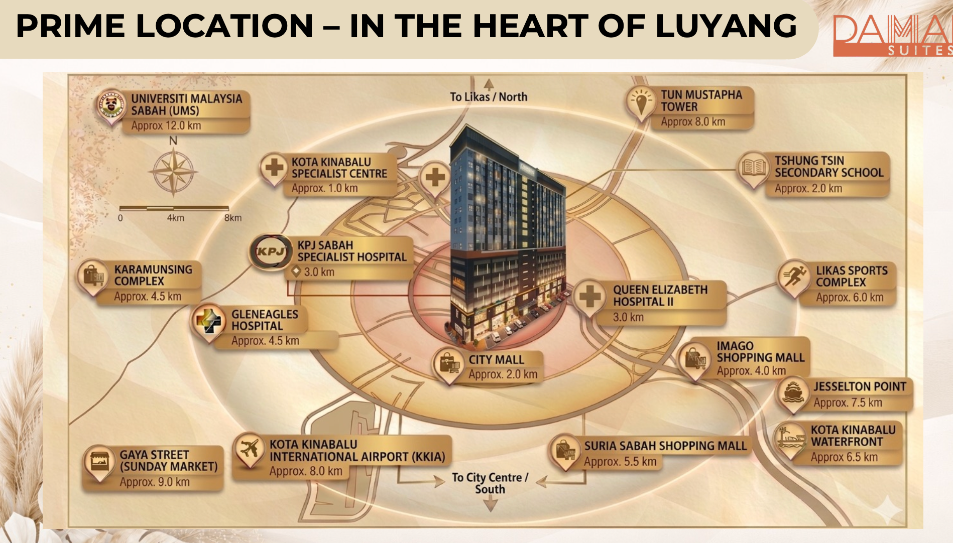 Map of nearby destinations around Damai Suites in Luyang