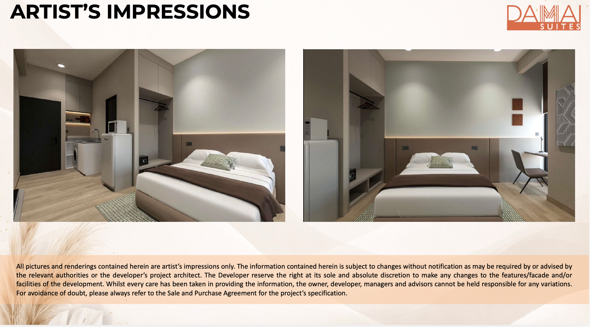 Artist's impressions of a furnished Damai Suites studio unit