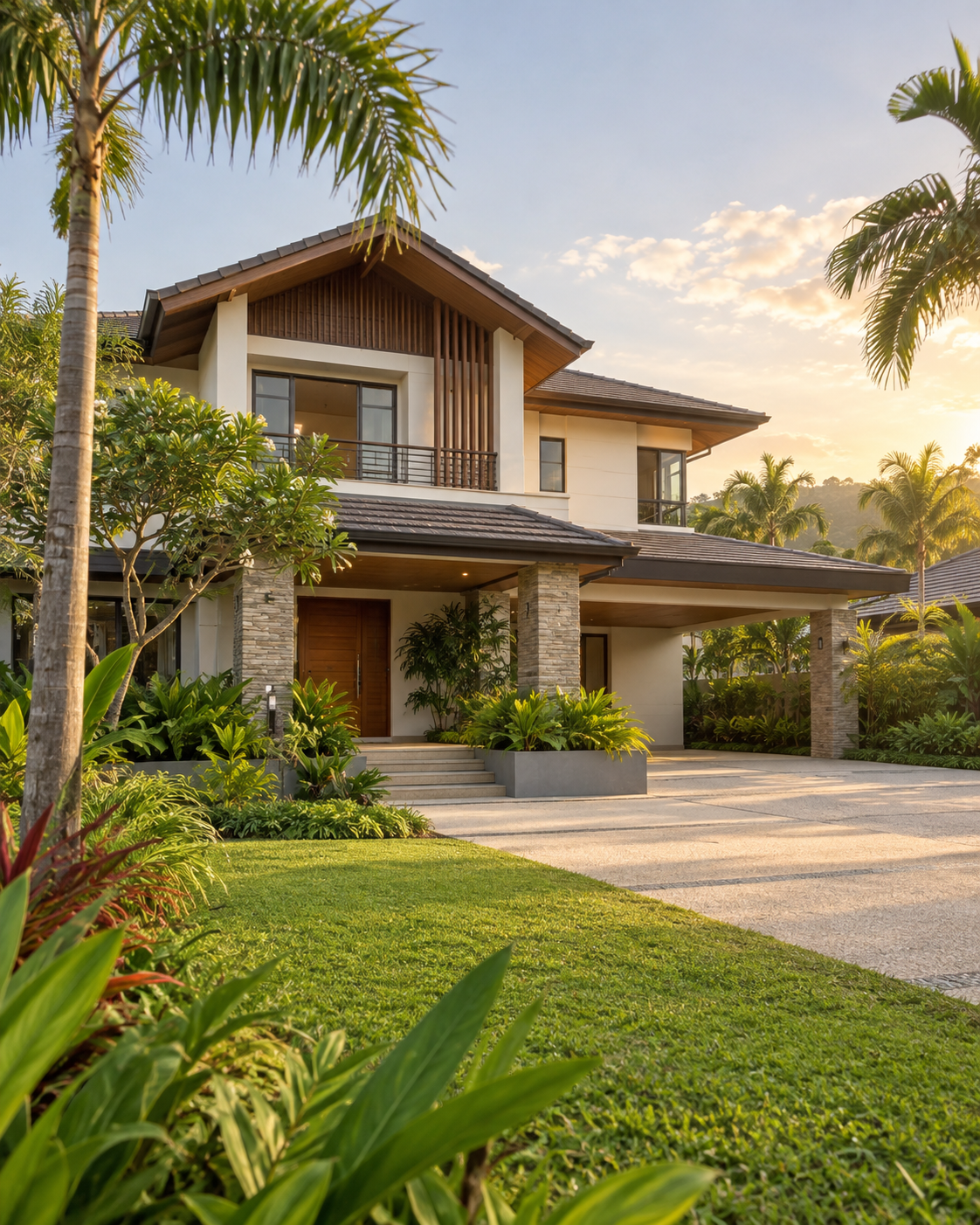 A welcoming modern home surrounded by tropical greenery