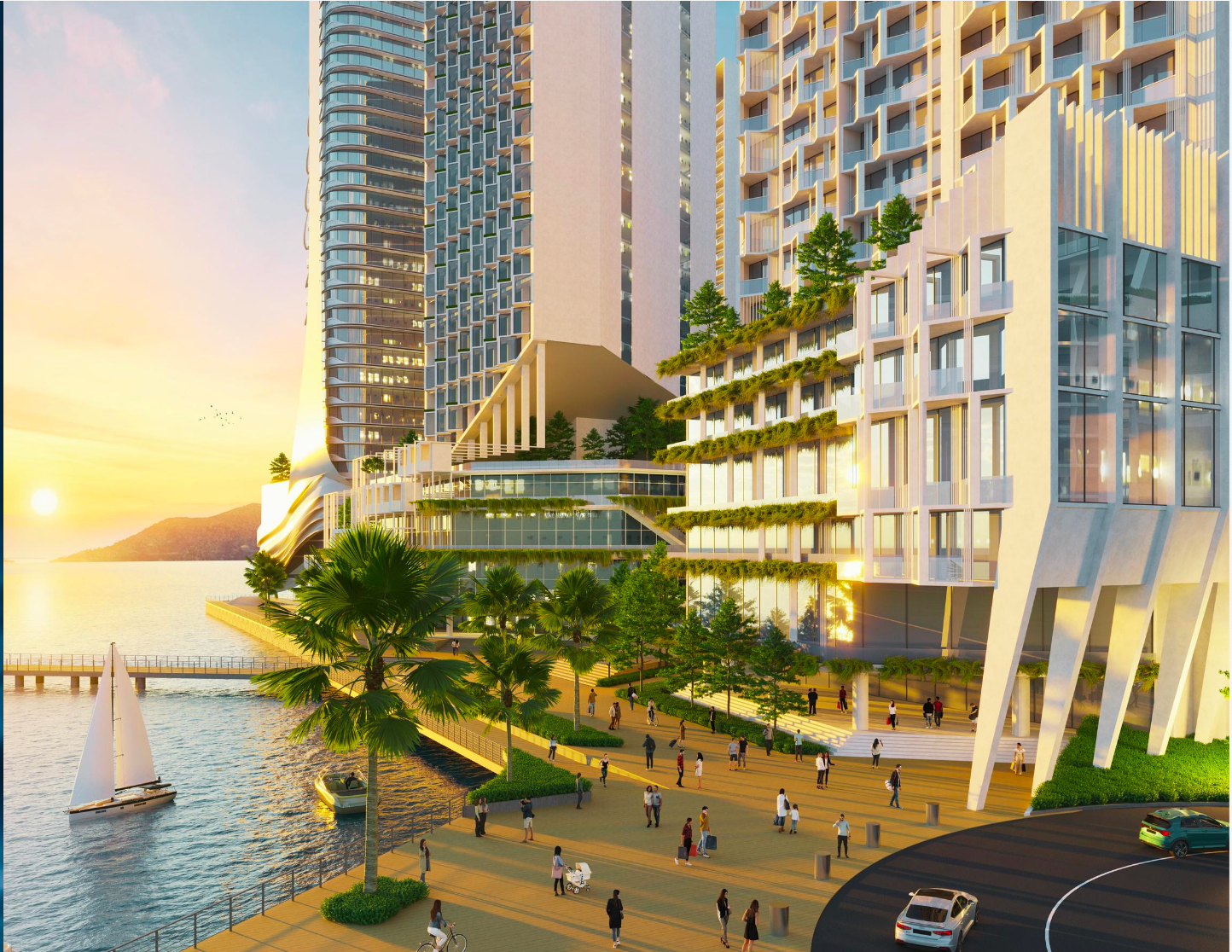 Waterfront promenade and sunset view at The Peninsula Kota Kinabalu