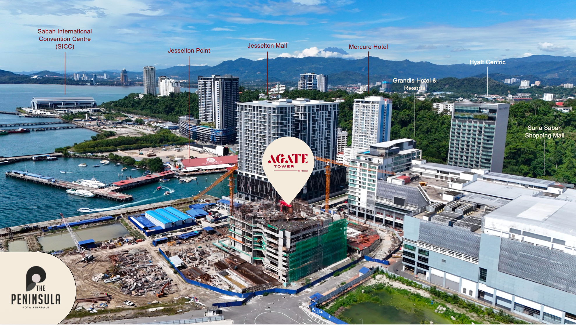 Aerial view showing The Peninsula near Jesselton Point and the Kota Kinabalu business district