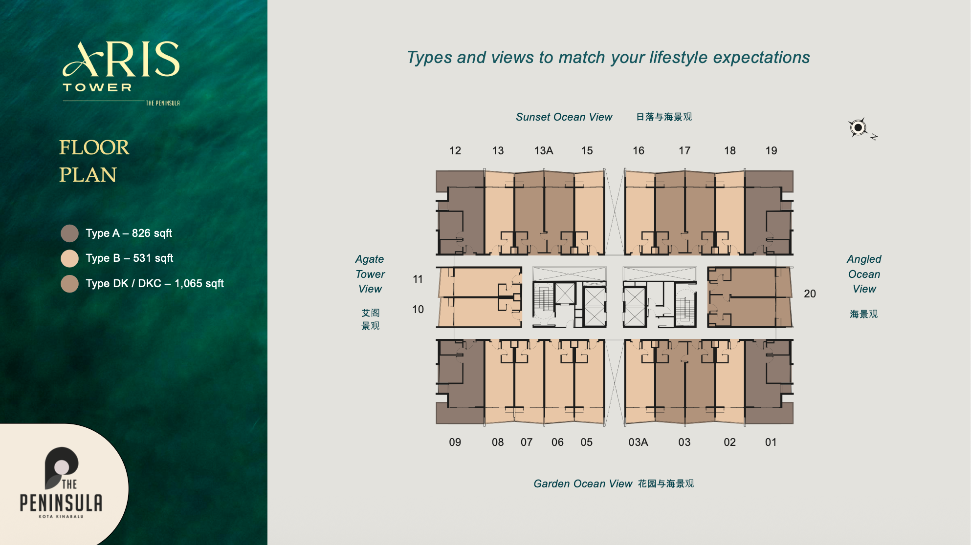 Floor plan and sea-view orientations for Aris Tower